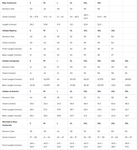 Size Chart – NBA Store Philippines